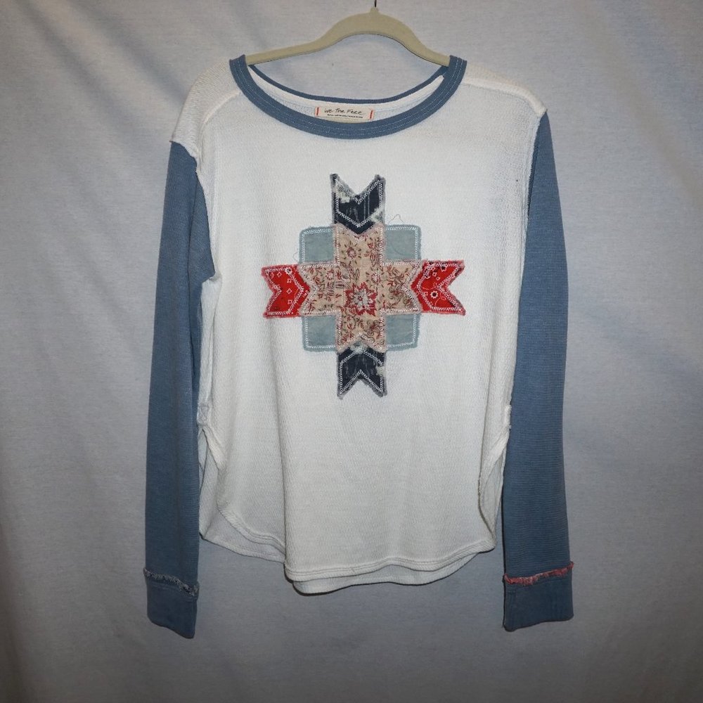 Free People We The Free Lone Star Patchwork Thermal Top White Blue Red Sz S B-13